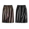 High waisted midi leather skirt with front slit and pockets