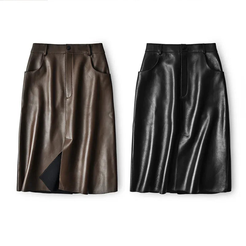 High waisted midi leather skirt with front slit and pockets
