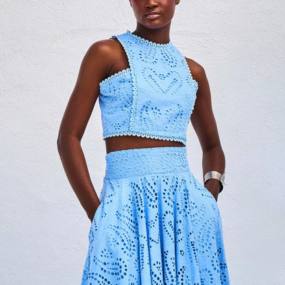 Women’s Lace Embroidered Hollow Two-Piece Midi Skirt Set