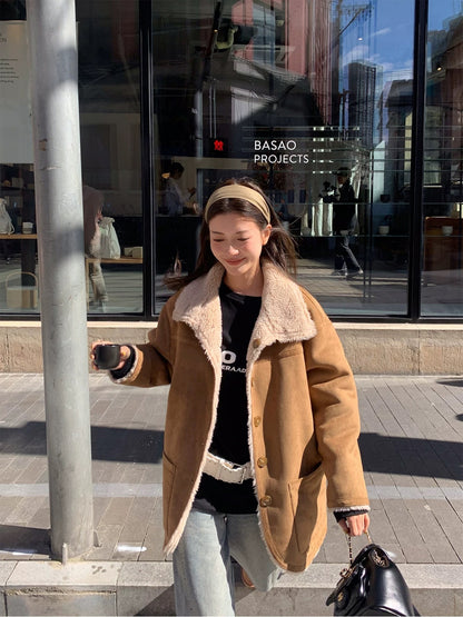 Women Reversible Shearling Wool Coat Winter Fur Jacket