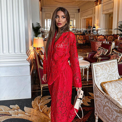women lace suit with collared shirt and lace pants