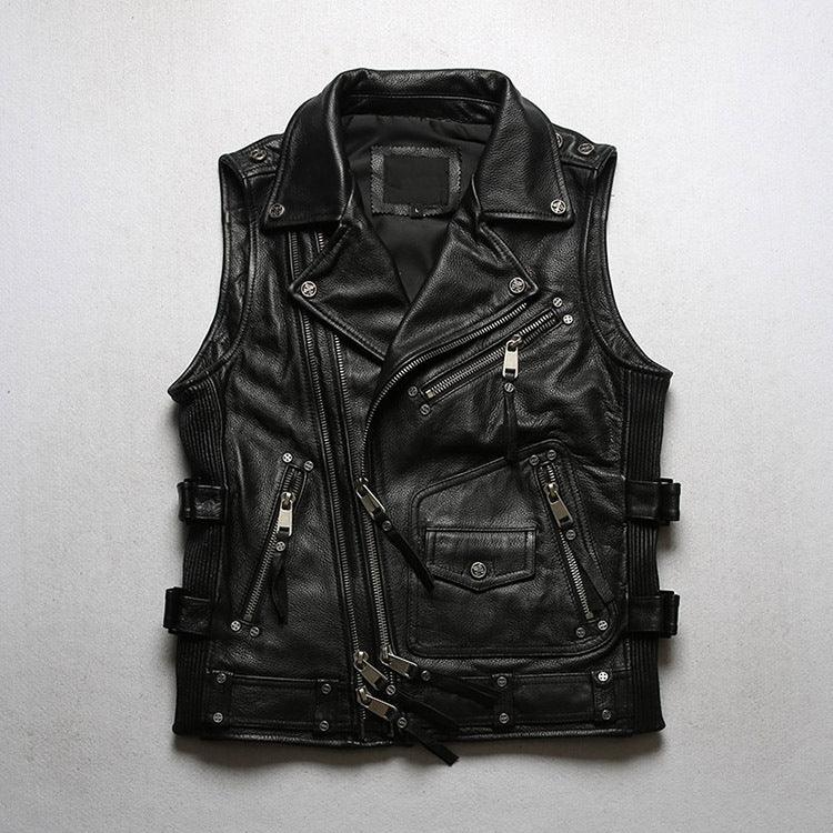 Men’s Genuine Leather Biker Motorcycle Vest Black S
