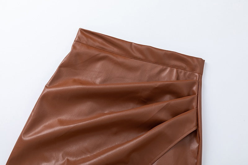 High Waisted PU Leather Wrap Skirt with Slit