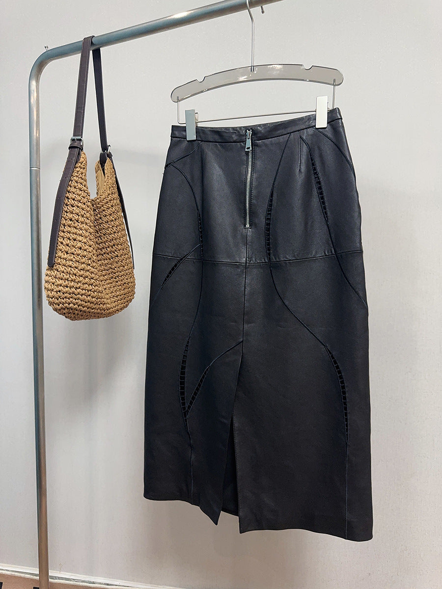 Women’s Leather Maxi Skirt with Embroidered Hollow Detailing