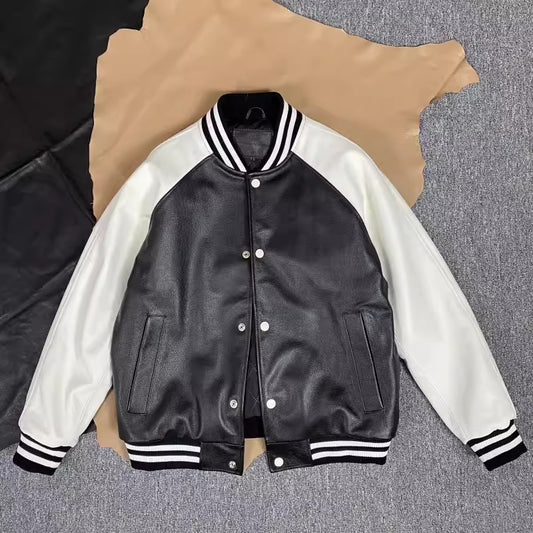 Men Genuine Leather Varsity Jacket Bomber
