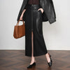 High waist belted zip front leather midi skirt