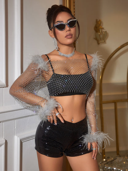 Diamond mesh top women rhinestone sheer long sleeve party