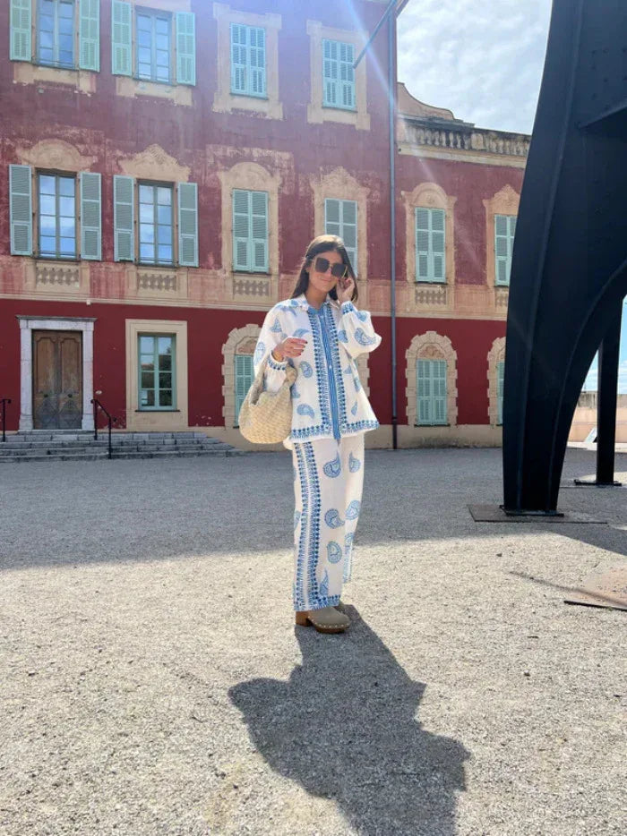 Macaron print linen coastal two piece outfit