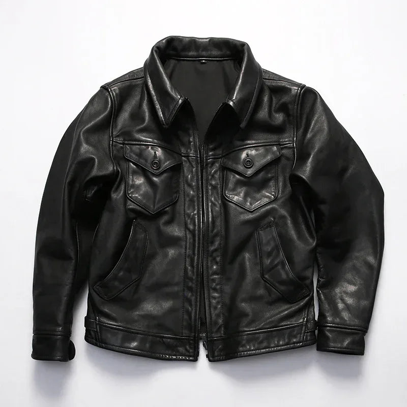 Men Full Grain Calfskin Black Leather Jacket