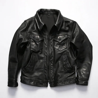 Men Full Grain Calfskin Black Leather Jacket