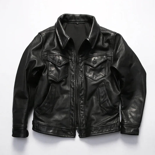 Men Full Grain Calfskin Black Leather Jacket
