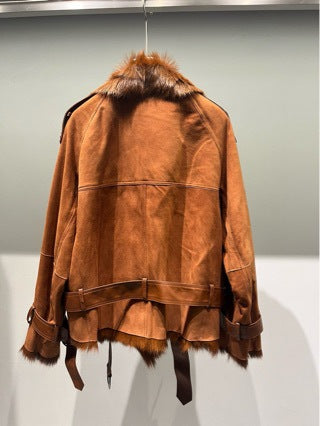 Women’s Real Suede Fur Collar Jacket Double-Breasted