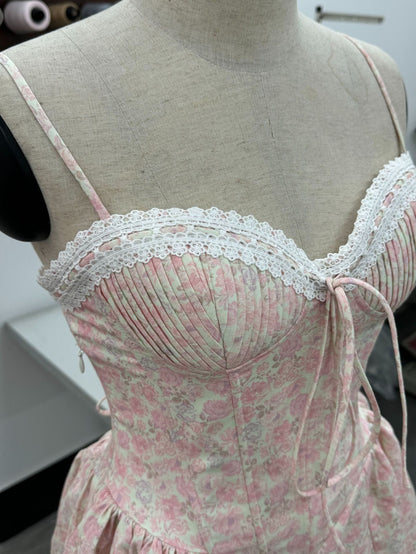 pink corset midi dress seaside vacation sleeveless flowy summer fit