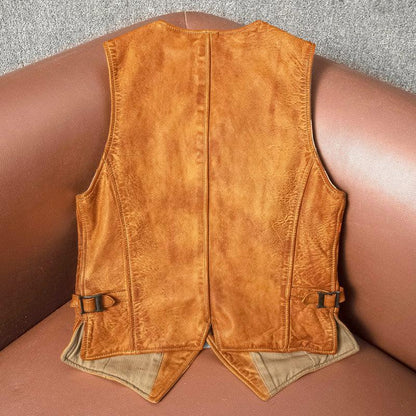 Men's slim-fit washed orange leather motorcycle vest