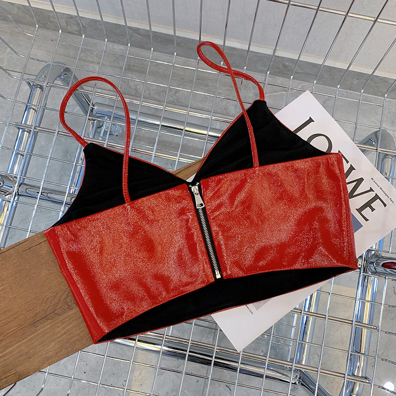 Women Genuine Leather Camisole Top With Zipper Back