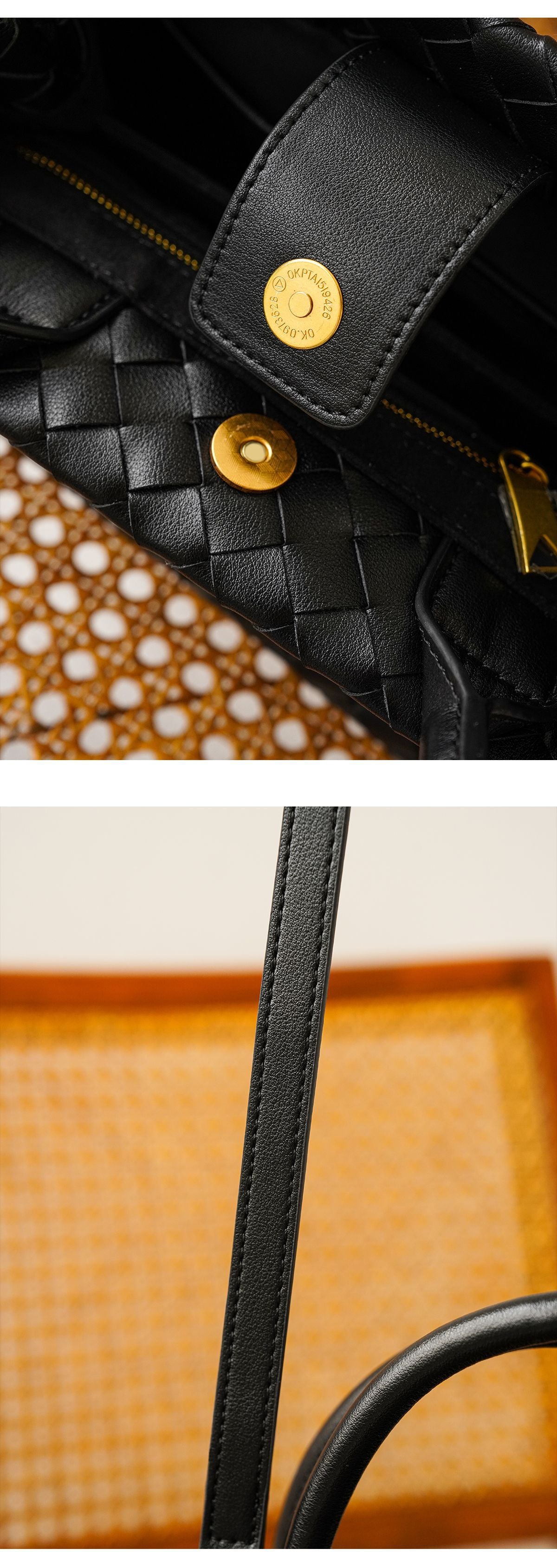 Hand Woven Real Leather Black Tote Crossbody Purse