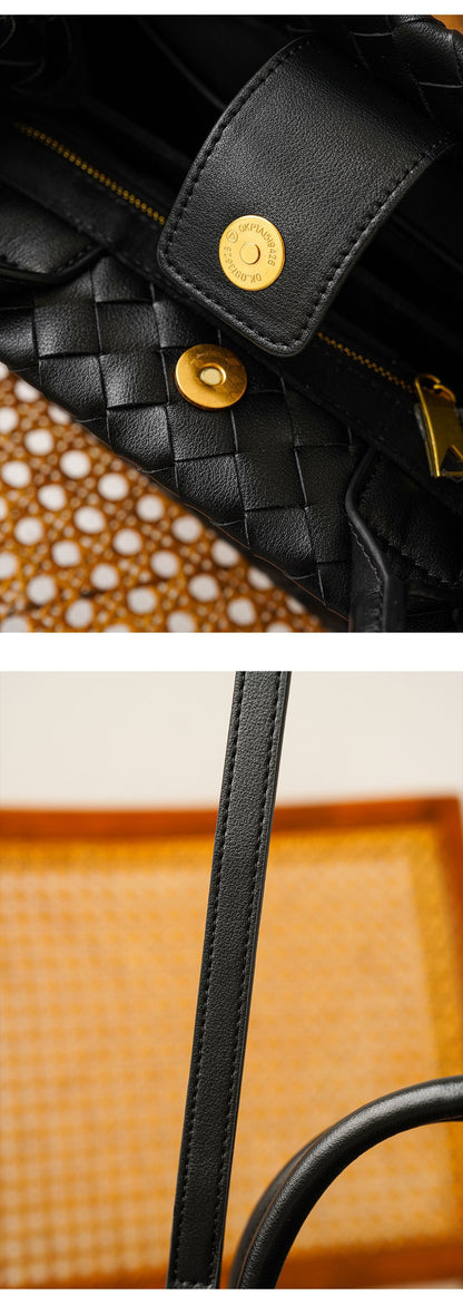 Hand Woven Real Leather Black Tote Crossbody Purse