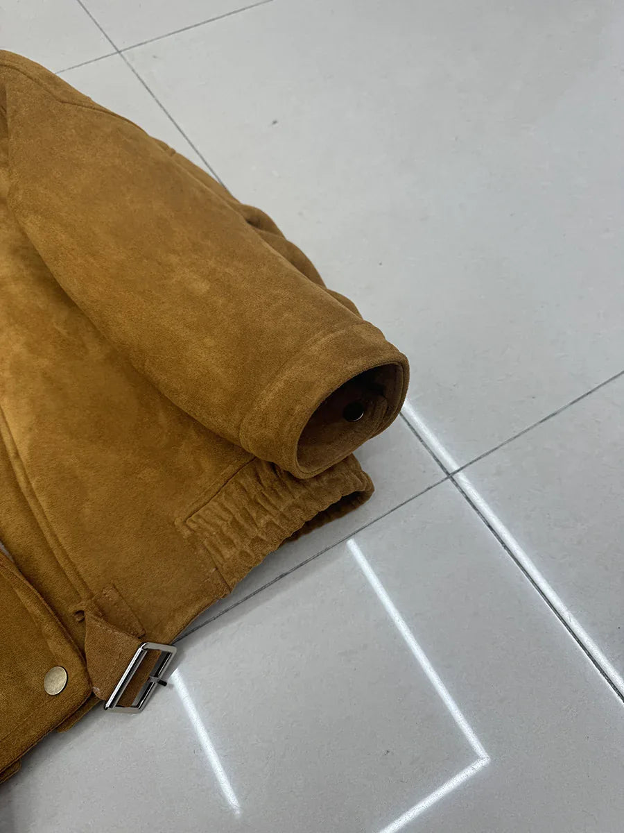 Women Suede Lambswool Real Fur Moto Jacket