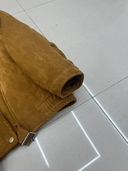 Women Suede Lambswool Real Fur Moto Jacket