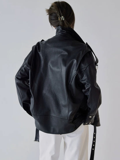 Women Oversized Genuine Leather Motorcycle Jacket Retro Washed