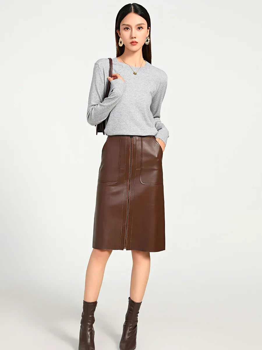 High waisted brown lambskin midi skirt