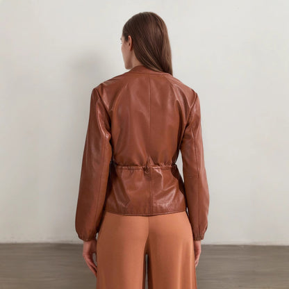 Brown Faux Leather Jacket for Women with Drawstring Waist