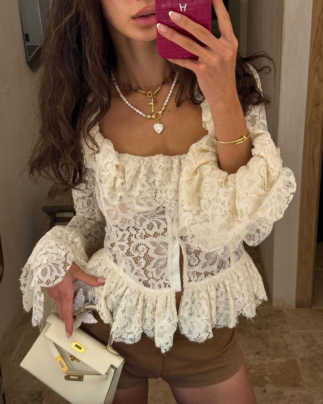 White Lace Corset Blouse Women Long Sleeve Peplum Top