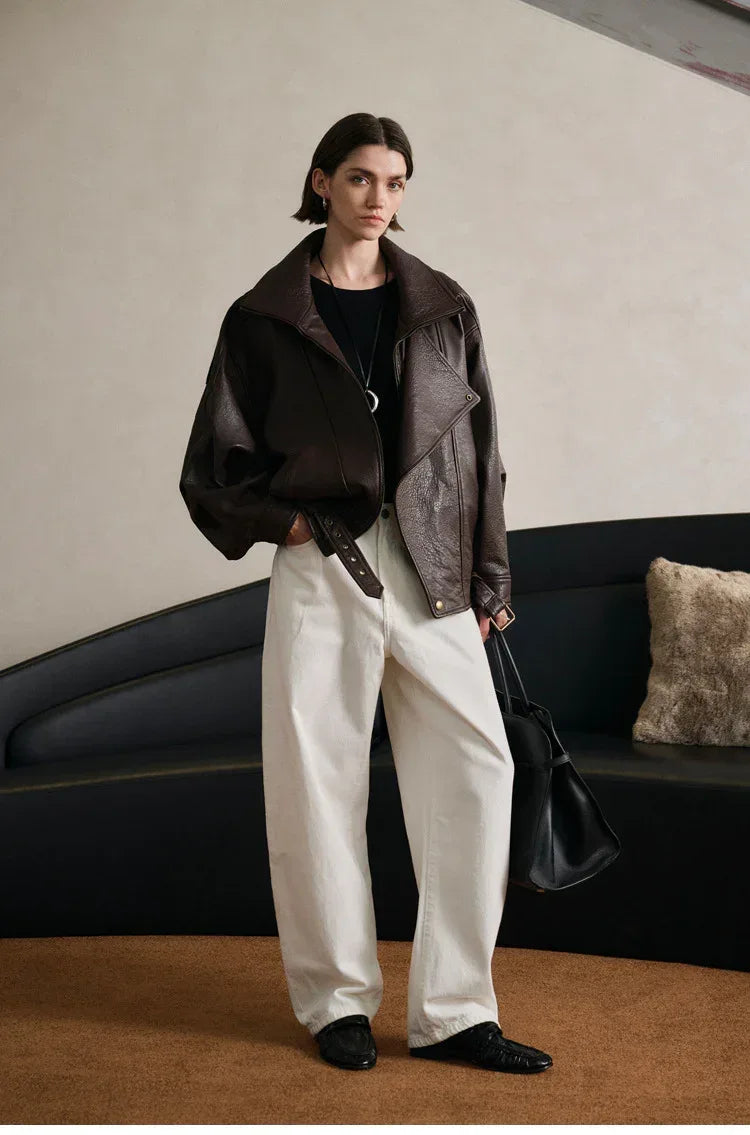 Women Loose Fit Leather Jacket Oversized Bomber Moto