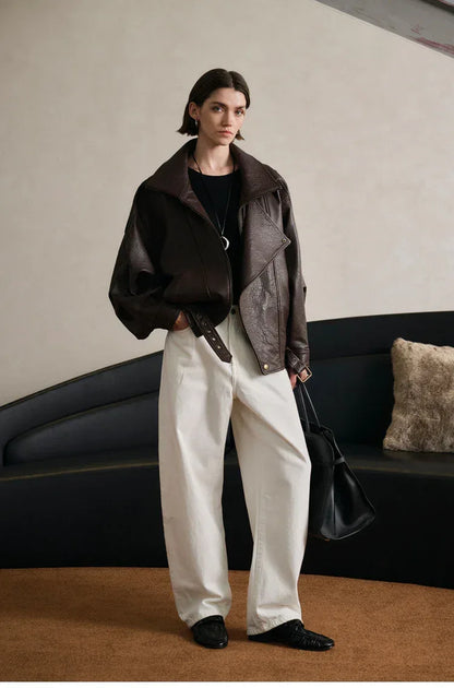 Women Loose Fit Leather Jacket Oversized Bomber Moto