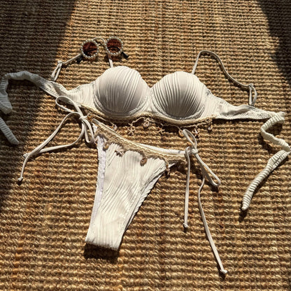 Cream Two Piece Bikini Set with Shell Charm Trim