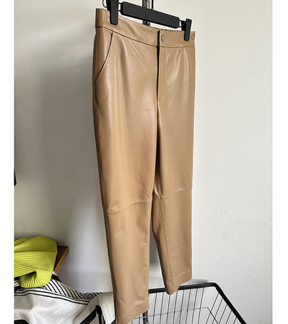 Womens genuine leather high waisted cropped pants