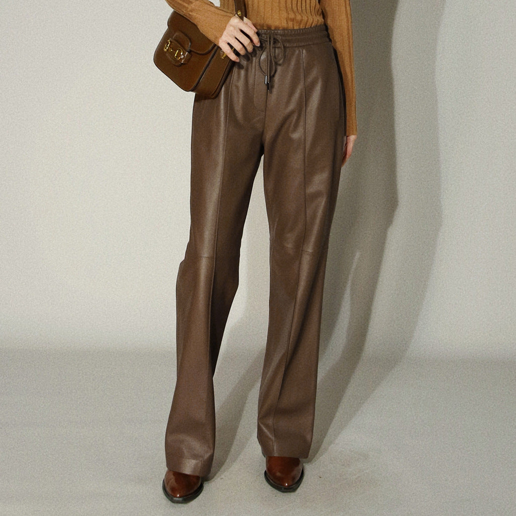 Women’s Genuine Leather Trousers High Waisted Wide Leg Pants