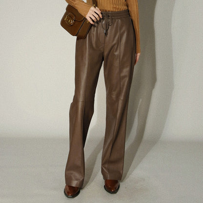 Women’s Genuine Leather Trousers High Waisted Wide Leg Pants