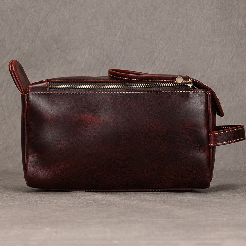 Men’s Genuine Leather Toiletry Bag with Handle and Front Pocket