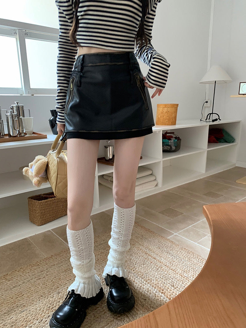 Women Brown PU High Waisted Leather Mini Skirt