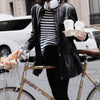 Women’s Leather Moto Trench Coat with Waist Cinch and Buckle Collar