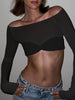 Women’s One Shoulder Exposed Waist Mesh Crop Top Long Sleeve Blouse