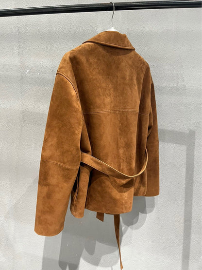 Women Genuine Suede Single Breasted Leather Jacket with Belt