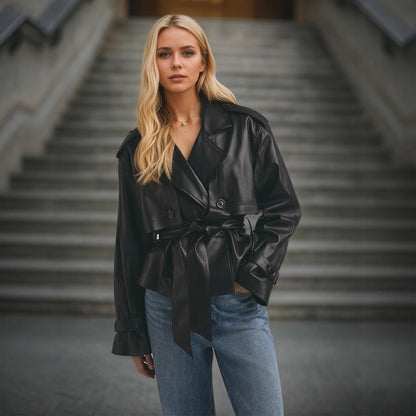 Women’s Faux Leather Belted Short Jacket Black Cropped