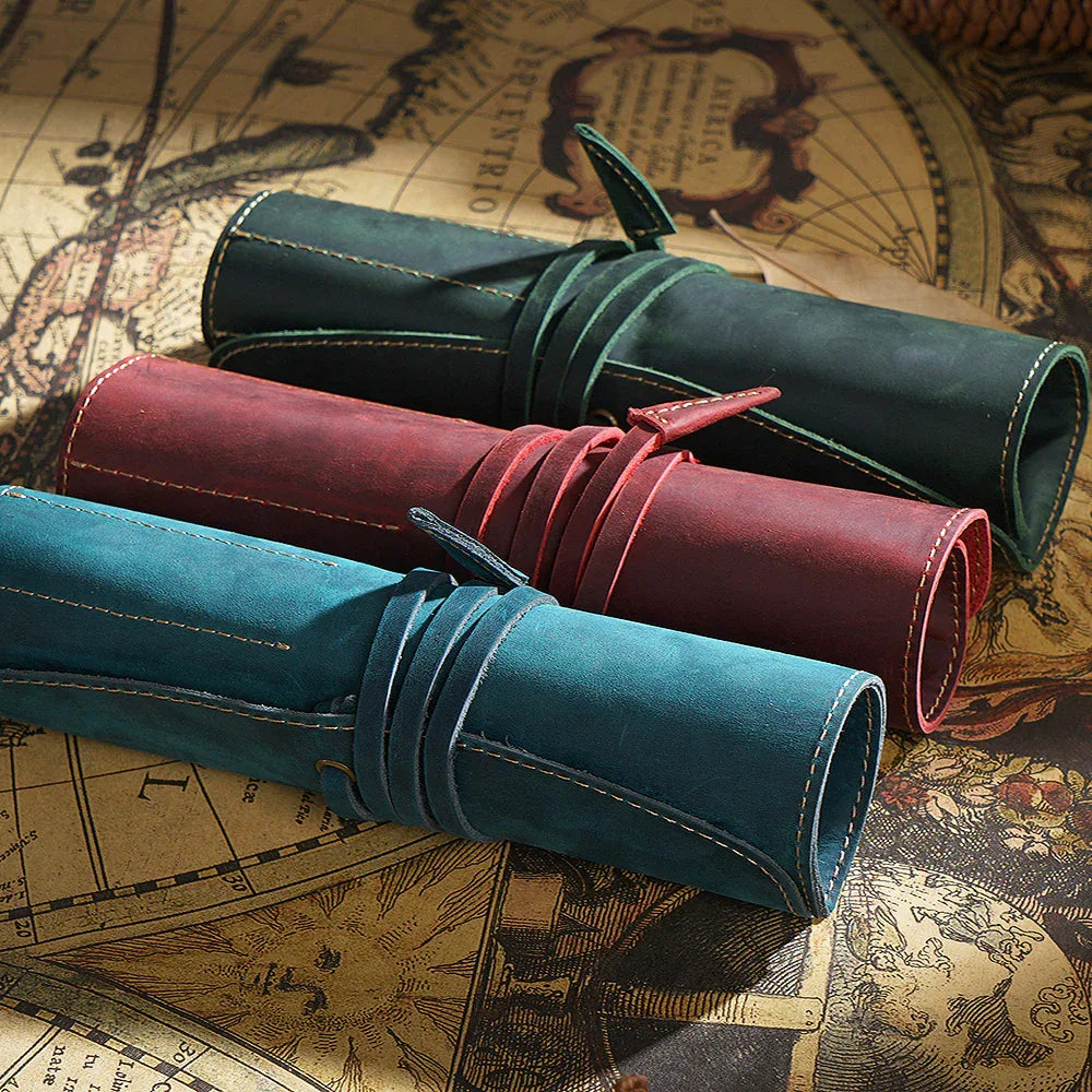 Retro cowhide roll up leather pencil case
