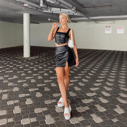 High Waist Black PU Leather Mini Skirt with Side Slit