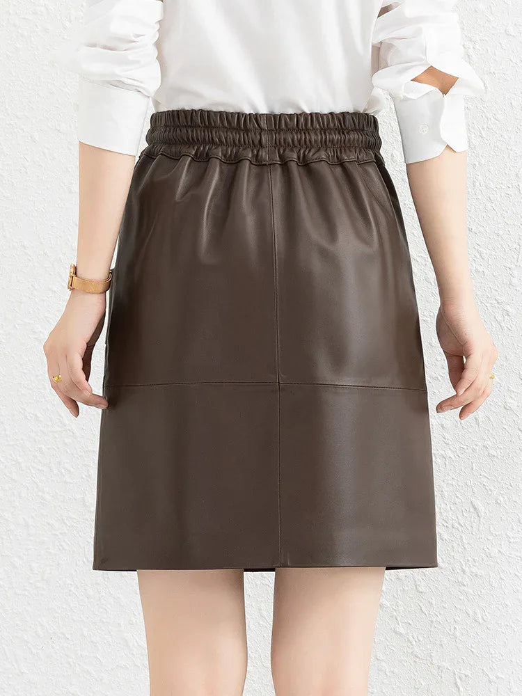 Brown sheepskin elastic waist leather short skirt
