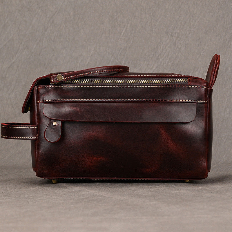 Men’s Genuine Leather Toiletry Bag with Handle and Front Pocket