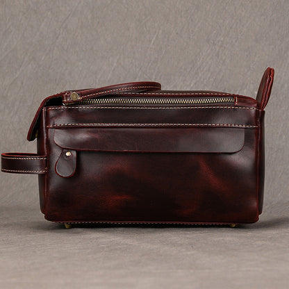 Men’s Genuine Leather Toiletry Bag with Handle and Front Pocket