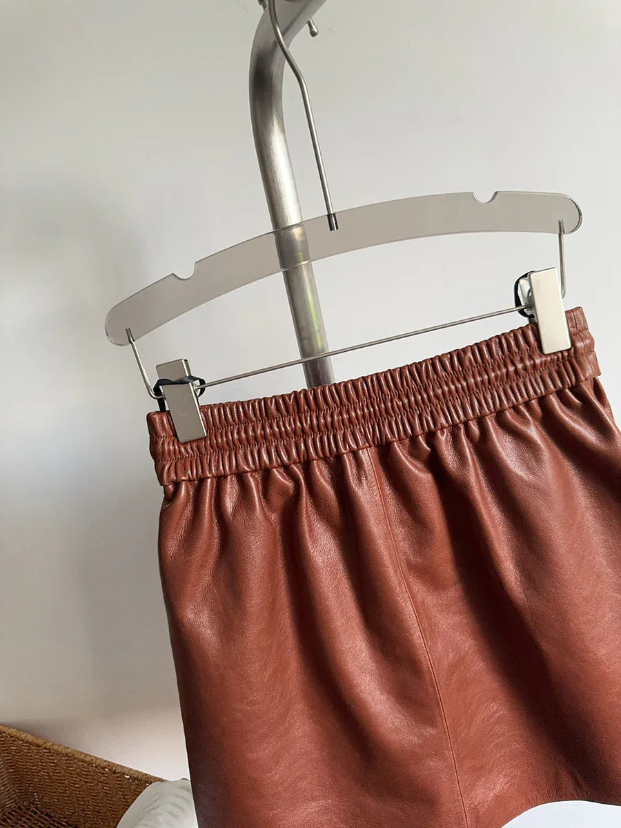 Genuine sheepskin leather mini skirt with drawstring