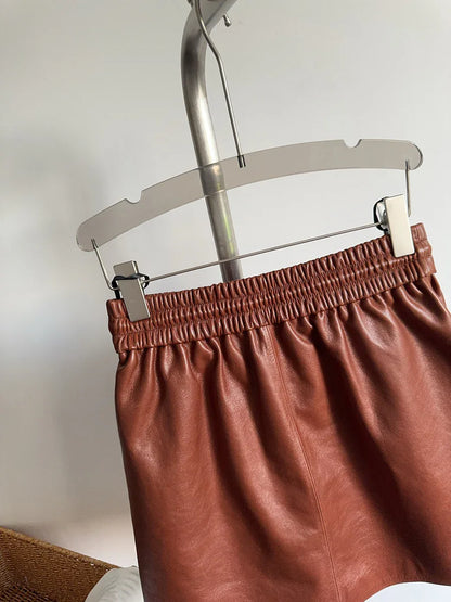 Genuine sheepskin leather mini skirt with drawstring