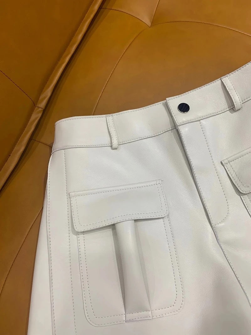 Women Genuine Leather Workwear Shorts High Waisted