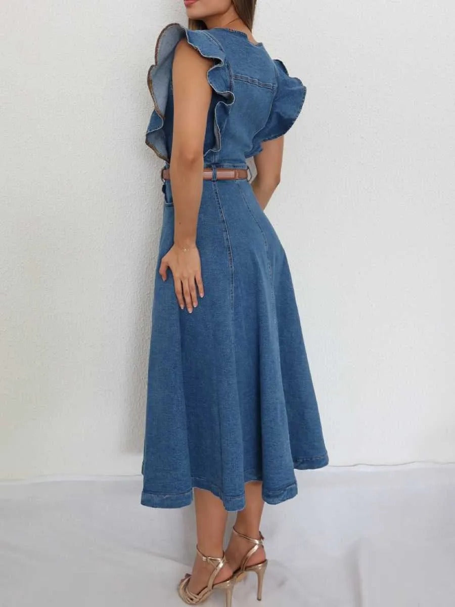Women’s Denim Dress Midi Ruffled Shoulders
