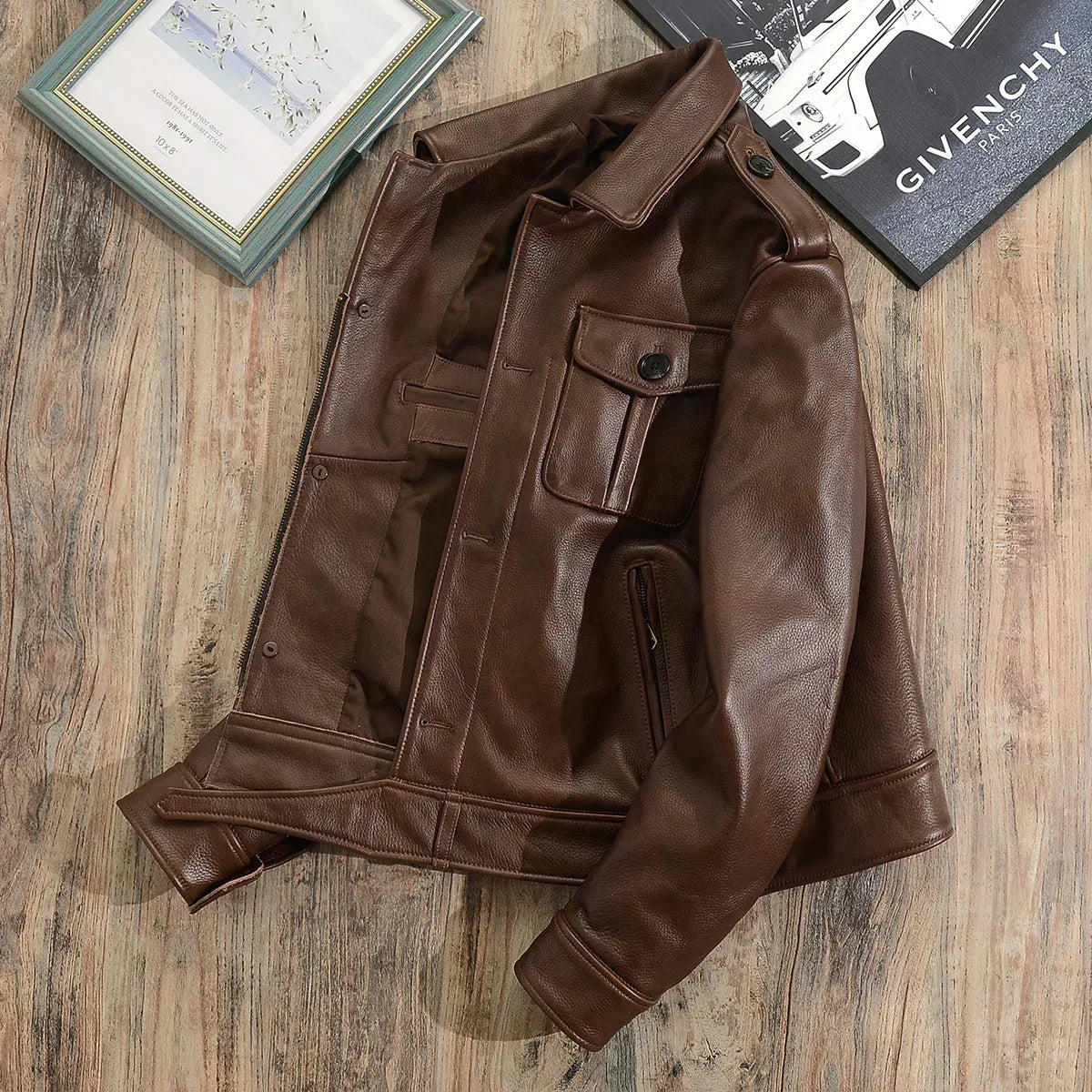 Men Brown Military Cowhide Leather Jacket