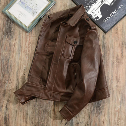 Men Brown Military Cowhide Leather Jacket
